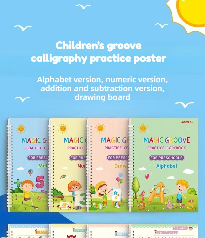 4-teiliges Magic Groove-Übungsheft für Kinder, wiederverwendbares Schreibbuch, verwendet für englische Kalligraphie im Vorschulalter, zum kostenlosen Abwischen und Lernen – Detail 1