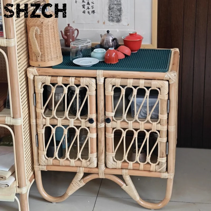 Natural Multi-Tier Rattan Shelf Floor Standing Living Room Cabinet Minimalist Storage Rack for Balcony Woven Organizer for Home