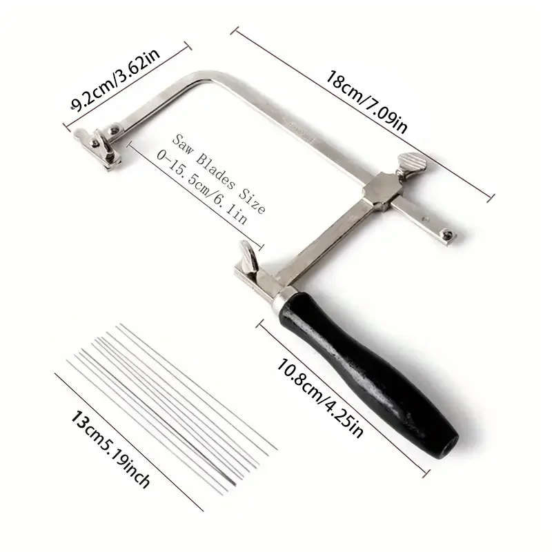 Schwarzes 13-in-1 professionelles Schmucksägeset: Handstichsäge, Bandsäge für die Holzbearbeitung, verstellbarer Sägerahmen und 12 Sägeblätter. – Detail 6