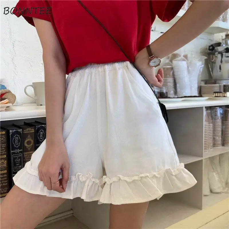 Shorts Women All-match Streetwear Solid Ruffles Chic Kawaii High Waist Korean Fashion Classic Prevalent Summer Sweet Students