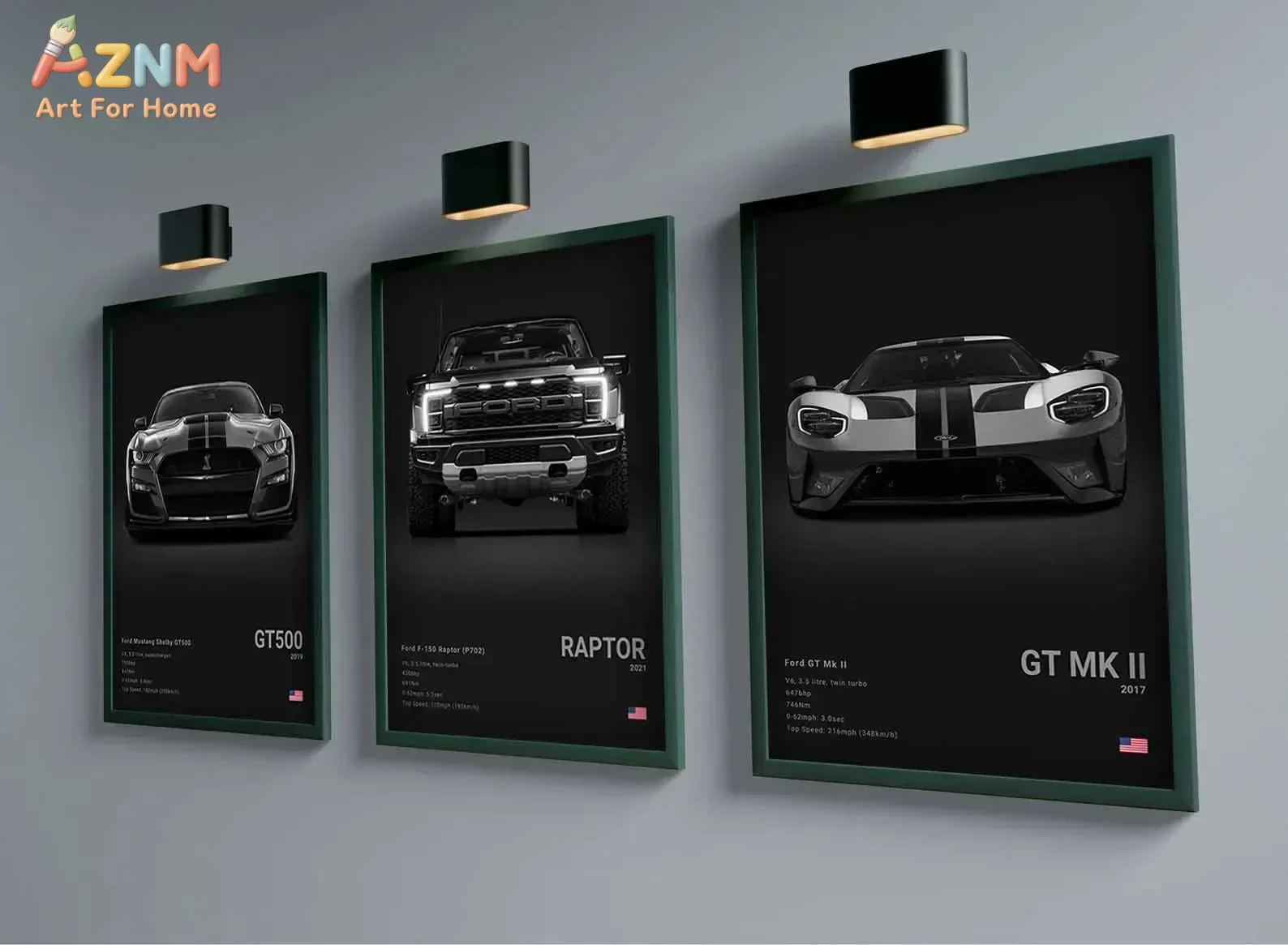 AZNM Ford Raptor Shelby GT500 Canvas Wall Art Black American Muscle Car Spec Poster Unframed Canvas Print for Garage Decor