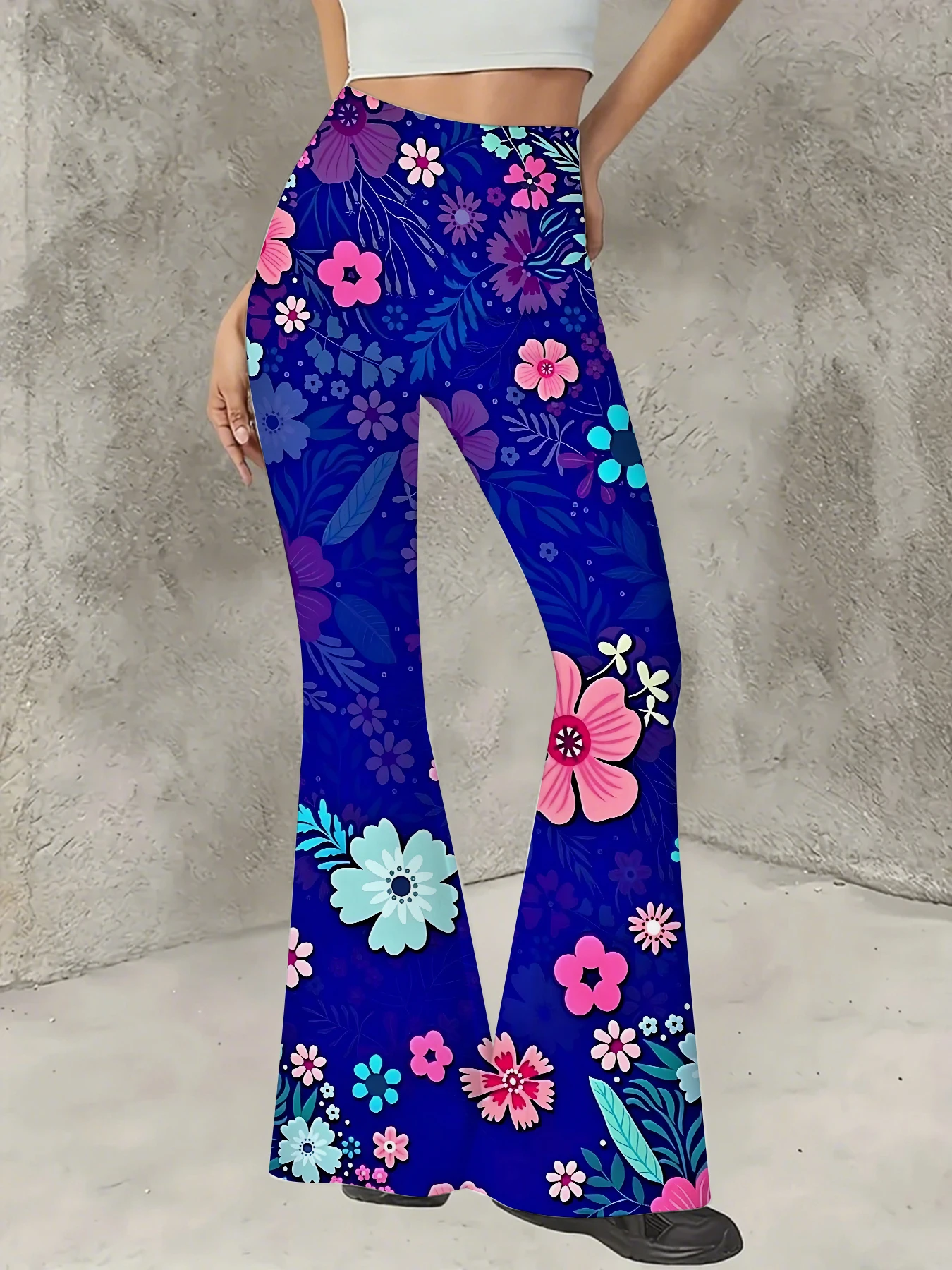 

Plus Size All-Over Print Flare Pants Women Stretchy High Waist Bell Bottom