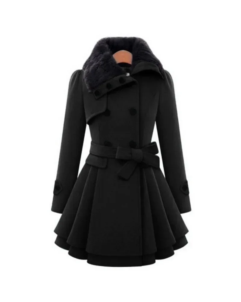 Women Jacket Slim Long Pleated Waistband Double Breasted Woolen Coat Autumn Winter Fashionable Warm Plus Size Female Clothing