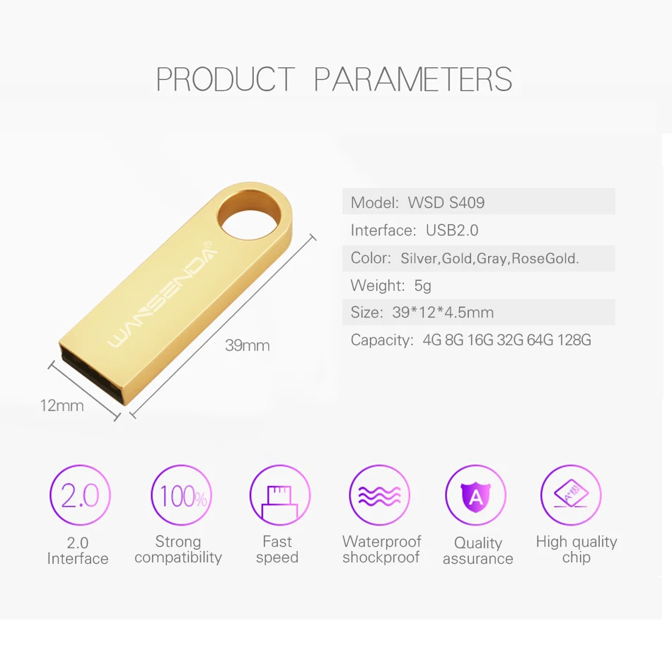 WANSENDA Mini USB แฟลชไดร์ฟโลหะปากกาไดรฟ์32GB 16GB 8GB 4GB Pendrive กันน้ำ64GB USB 2.0หน่วยความจำแฟลชไดร์ฟ