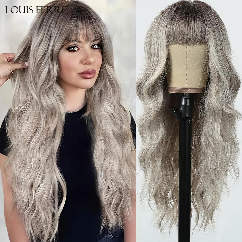 

LOUIS FERRE Long Wave Women's Wig Ombre Black Gray Synthetic Wigs With Bangs for Daily Use Black Roots Natural Curly Hair