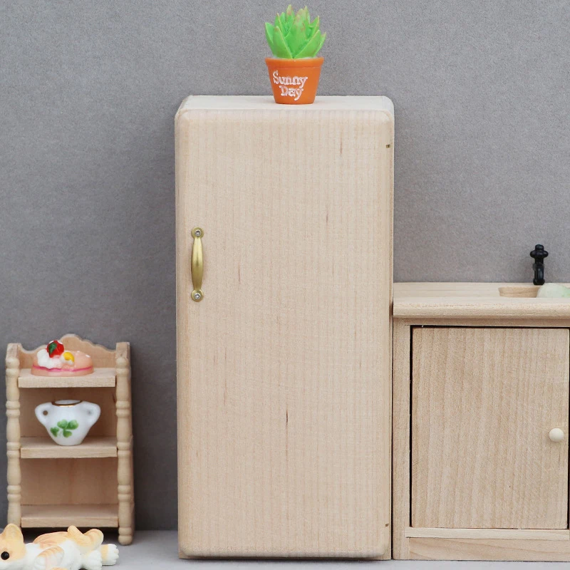 Refrigerador de madera de simulación para casa de muñecas, modelo de casa de muñecas en miniatura, muebles de cocina, decoración, accesorios para el hogar, 1/12