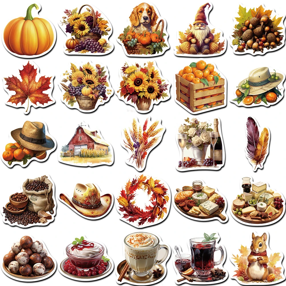 10/30/50pcs Autumn Thanksgiving Day Graffiti Stickers Waterproof DIY Scrapbooking Luggage Phone Mushroom Cartoon Decals Toy Gift