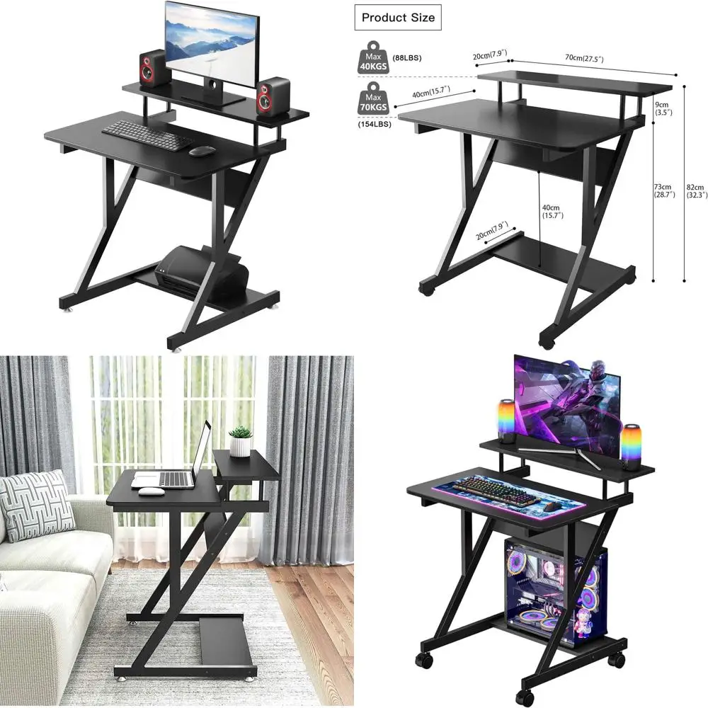 

Compact 3-Tier Desk for Small Spaces, 27.5 Desk with Monitor Stand and Storage, Sleek Black