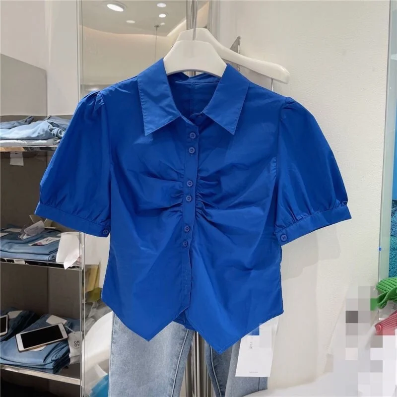 

Casual White Pleated ort Sve irt Women's Faion Summer New Sle Loose Fit Versatile Top Korean Sle Commute Wind