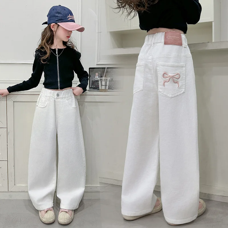 Children Vintage White Straight Jeans with Bows For Girls New Spring Slim Loose Denim Pants Kids Teenager Casual Jeans Trousers