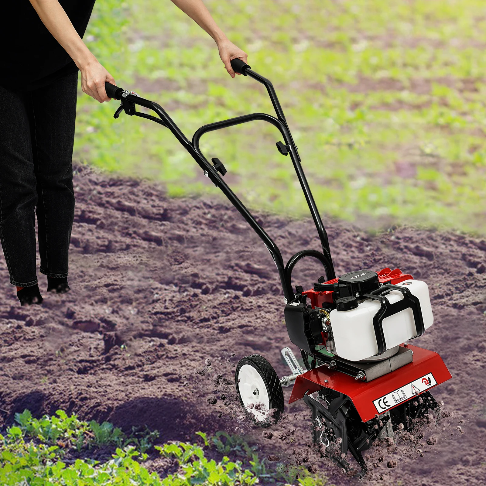 

52CC Mini Tillage Cultivator Cultivator with Widened Mudguard and Anti-collision Bar for Farms Parks Gardens Courtyards Fields