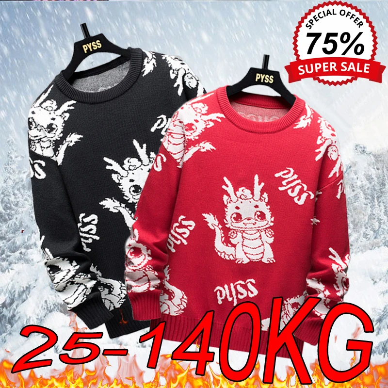 L-7XL Plus Size Cartoon Sweaters Men's Autumn Winter New Round Neck Sweater Large Size Loose Casual Year of The Dragon Pullovers