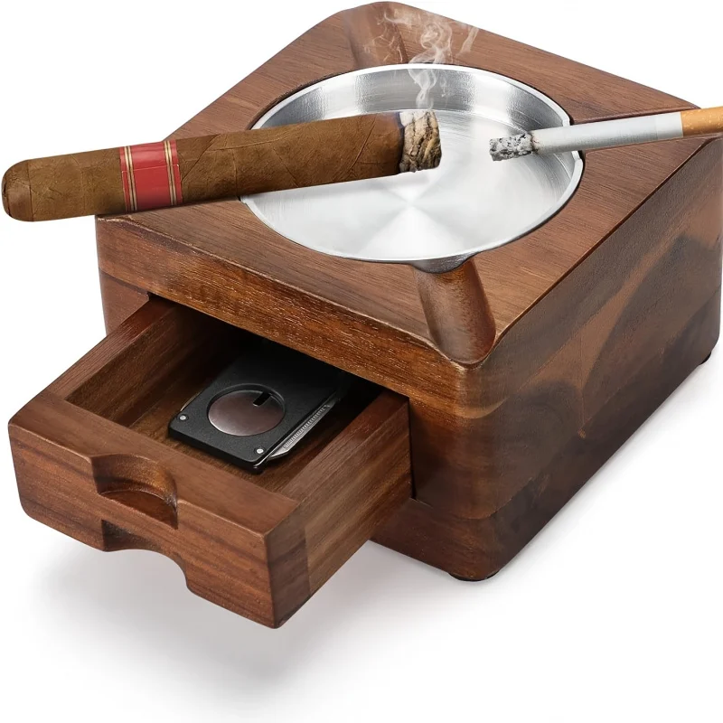 Cenicero De Madera Vintage Con Cajon Soporte Mesa Metalizado Para Cigarros Joyas Decoracion Oficina Hogar Elegante Regalo