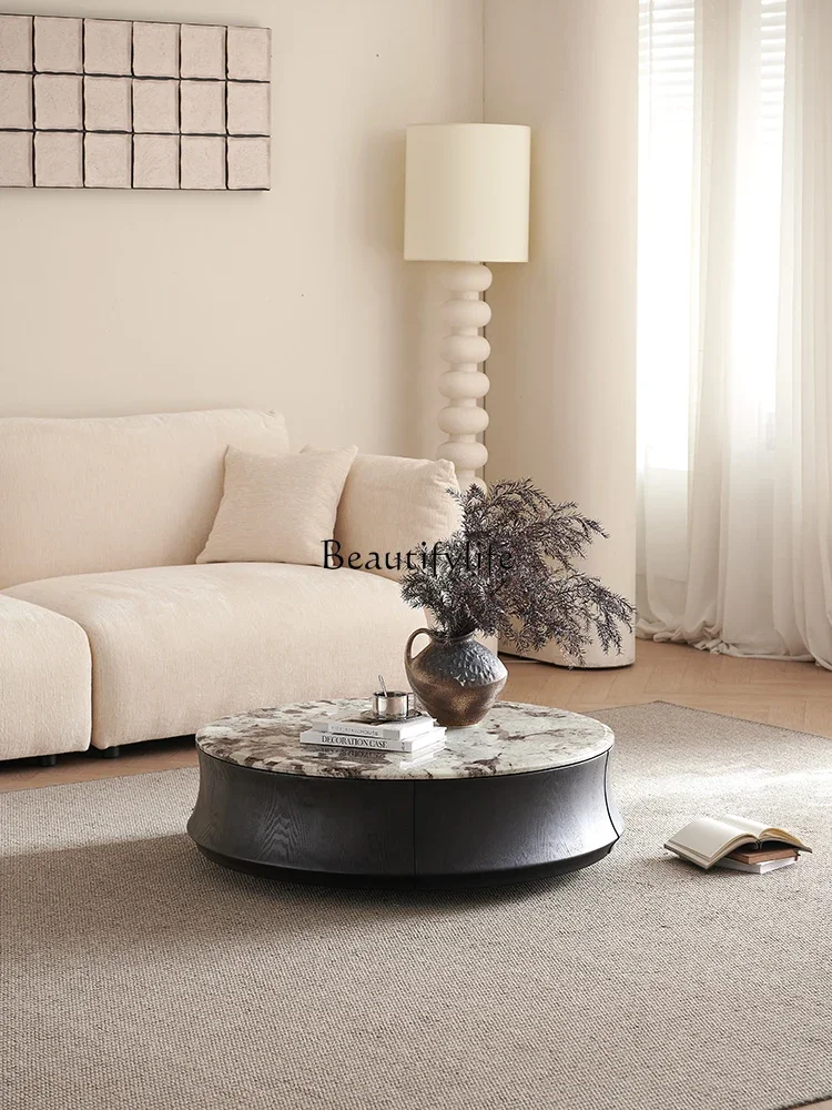 Modern light luxury living room home high-end black parquet solid wood round luxury stone coffee table