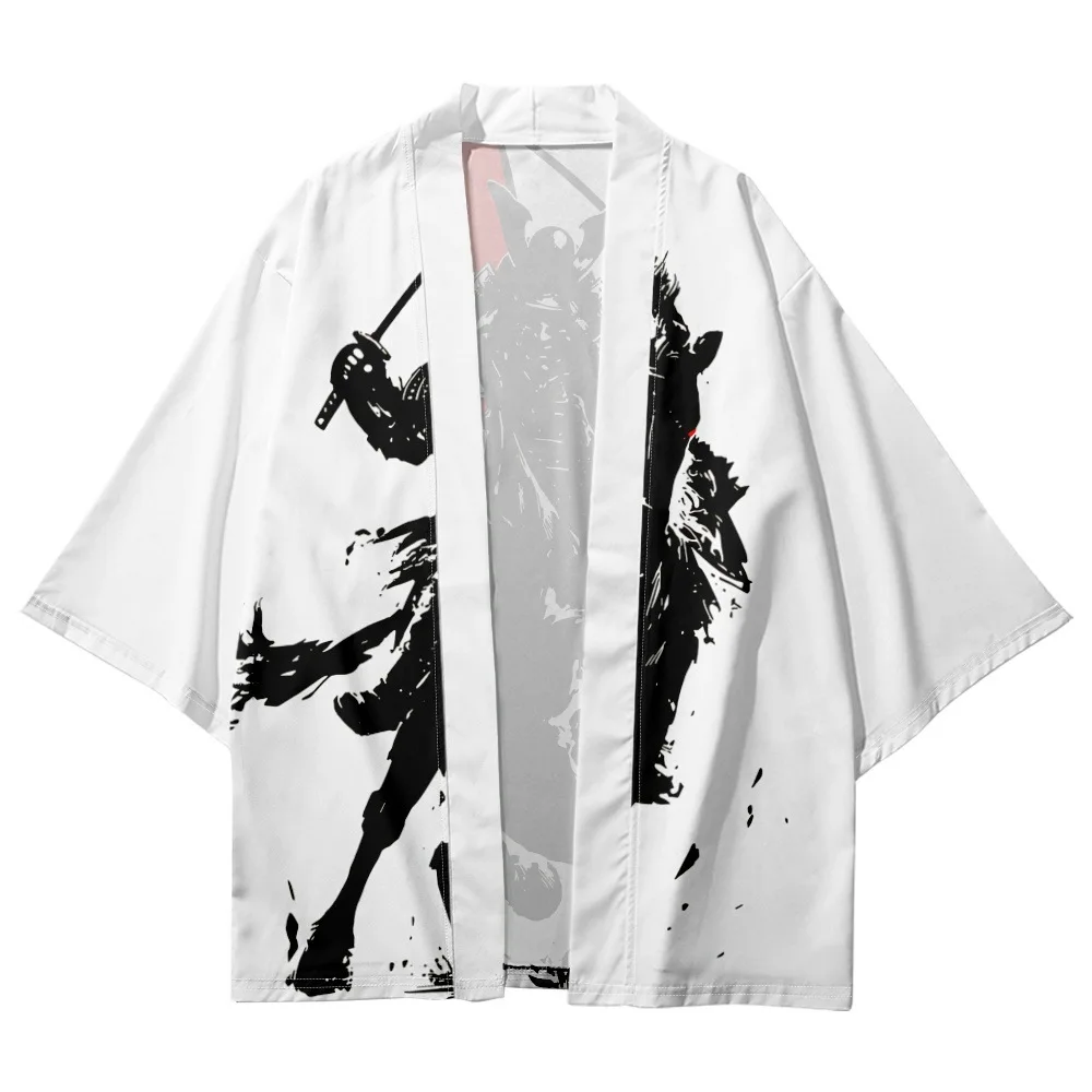 Kimono japonés con estampado de samurái para hombre y mujer, cárdigan de color blanco y negro, pantalones cortos de playa, ropa asiática Harajuku