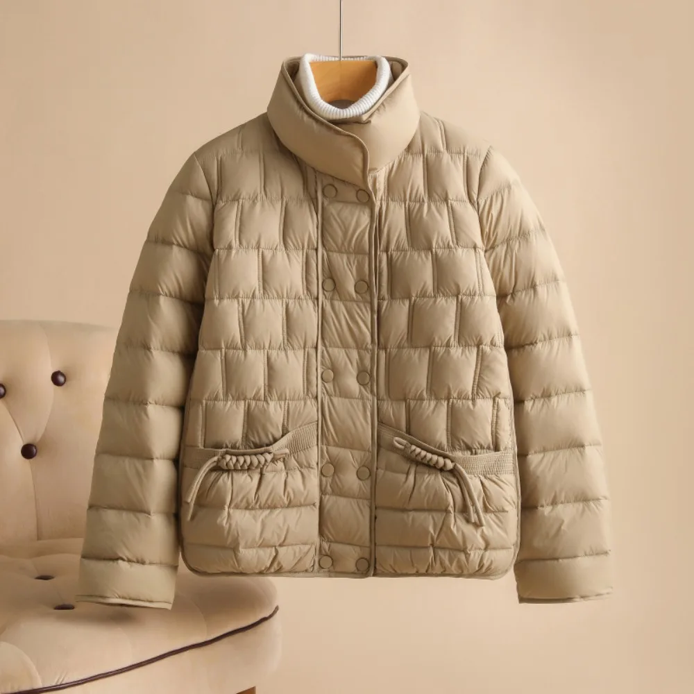 2024 New Lady Winter Casual Fashion White Duck Down Jacket Women Double Breasted Lightweight Down Coat Simple Korean Big Pocket