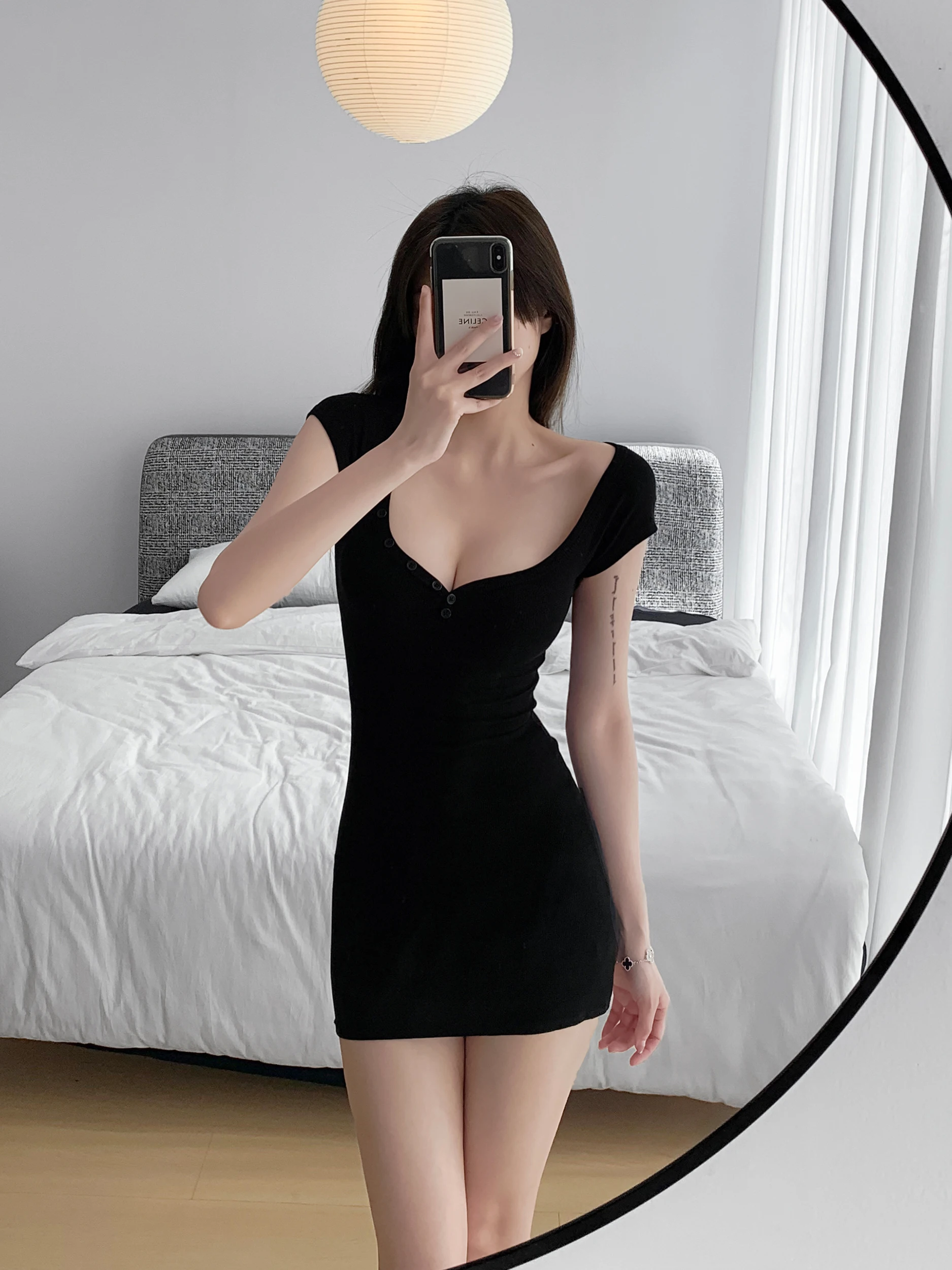 Pure Desire Manga Style Short Dress Women's Summer Sexy  Skirt Tight Fit Waist Cinch Short Sleeve Half Open Collar Cotton...