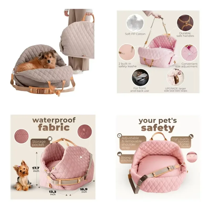 for Luxury Quilted Pet Car Seat Cover Soft Travel Bed with Seat Belt Waterproof Fabric for Small Dogs and Cats