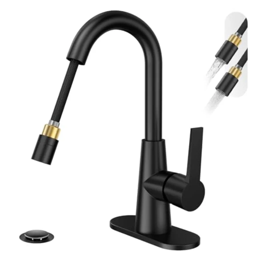 

High Arc Bathroom Sink Faucet with Pull Down Sprayer, Tall Single Handle Pull Out Faucet with Pop-Up Drain, 1 or 3 Hole Laundry
