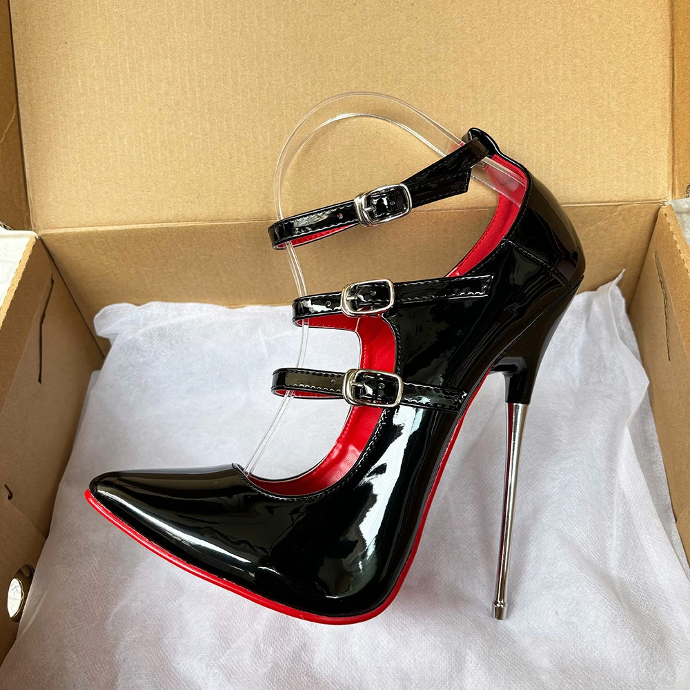 2024 Newly 16cm Unisex High Heels Black Ankle Strap Sexy Red inside Fetish Stilettos Instep Strap Factory Customize Pump Size46