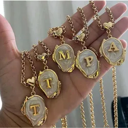 Vintage 26 Letters Shell Necklace for Women Geometric Stainless Steel Gold Plated Initial Letter Choker Necklace Charm Jewelry