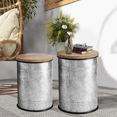 

， Outdoor Farmhouse Galvanized End Table, Metal Barrel Toy Box Bin with Round Wood Lid, Rustic Ottoman Seat Stool with Horizo