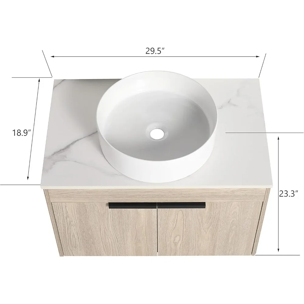 Bathroom vanity cabinet,30" Floating Bathrooms Vanity With Sink,With Marble Top And Round Ceramic Vessel Sink,Bathroom Dresser