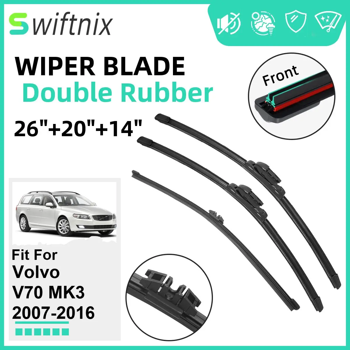 

Double Rubber Car Wiper Blades for Volvo V70 MK3 2007-2016 Windshield Wipers Rubber Car Accessories 2012 2013 2014 2015 2016