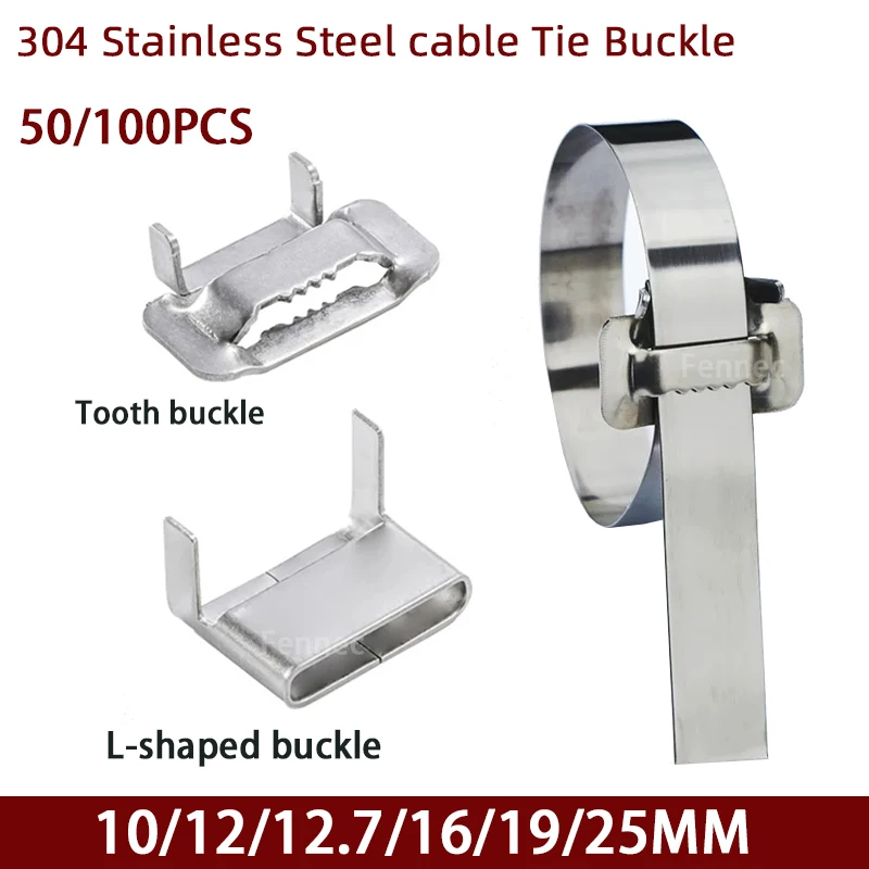 304 Stainless Steel Cable Tie Buckle 10/12/12.7/16/19/25mm L-type Buckle Wrap Zip Ties Packaging Tooth Buckle Connector