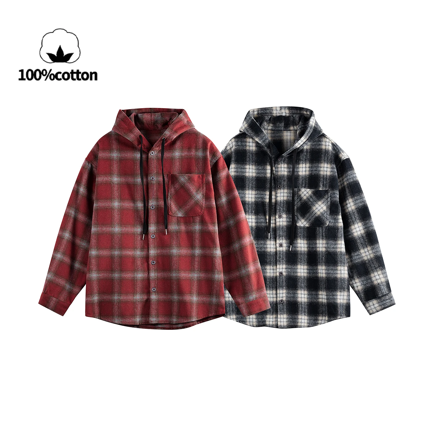 

Американская винтажная клетчатая куртка-рубашка с капюшоном для мужчин и женщин, повседневная верхняя одежда свободного покроя средней длины на весну/осень