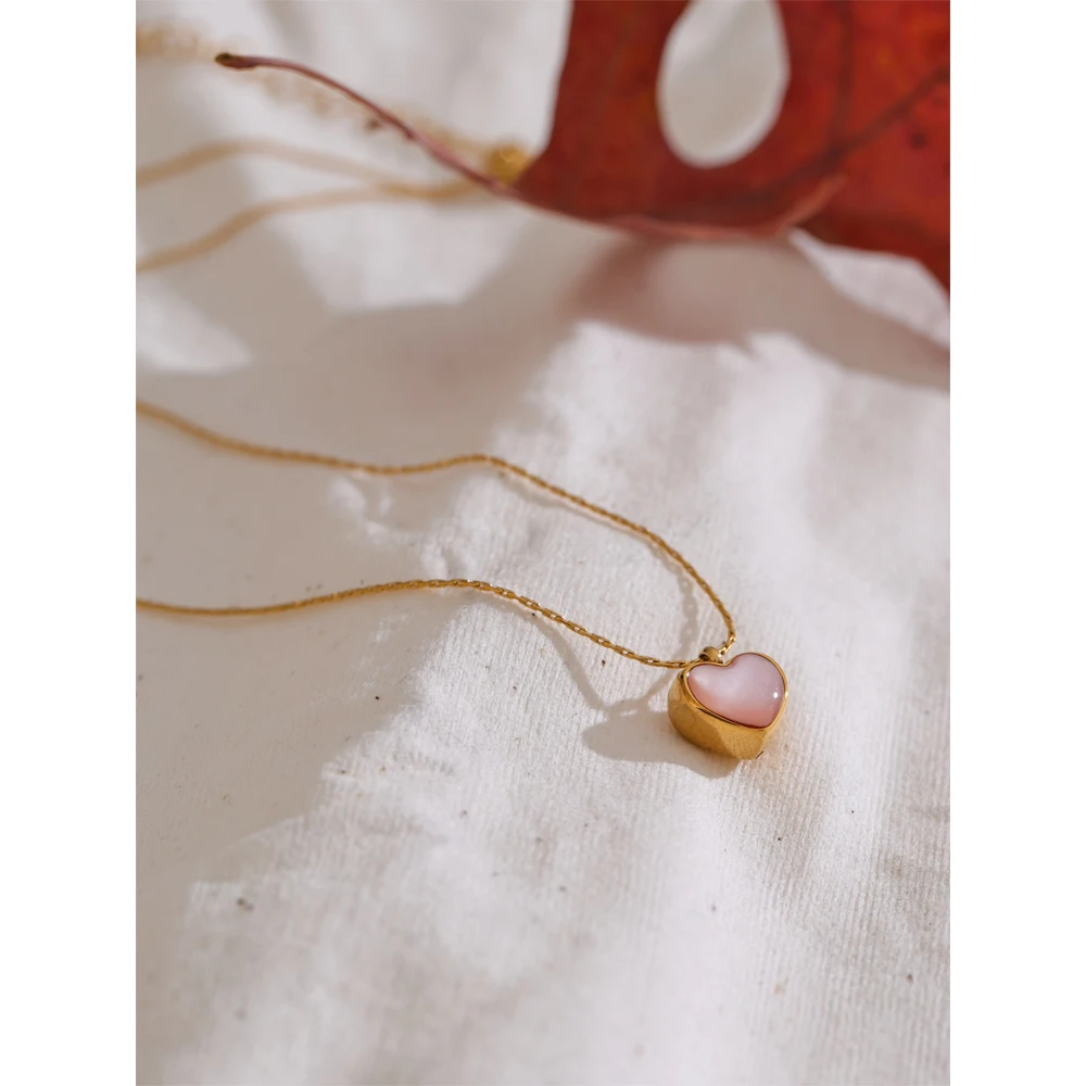 Yhpup Valentine\'s Day Gift Pink Shell Heart Thick Necklace Pendant Stainless Steel Cute Charm Exquisite Jewelry New