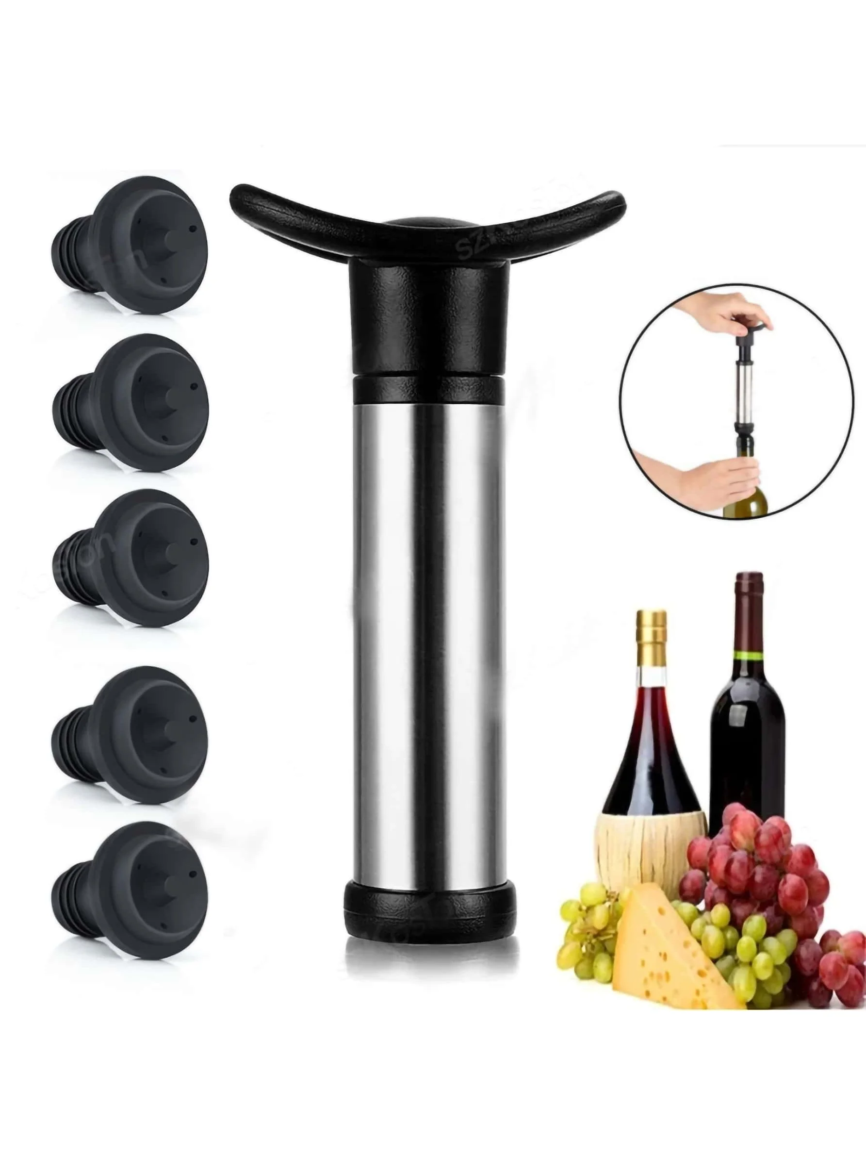 سدادة النبيذ مع ملحقات شريط المضخة الكهربائية، قفل الهواء، سدادة الزجاجة المطاطية السوداء، تحافظ على ختم النبيذ الطازج