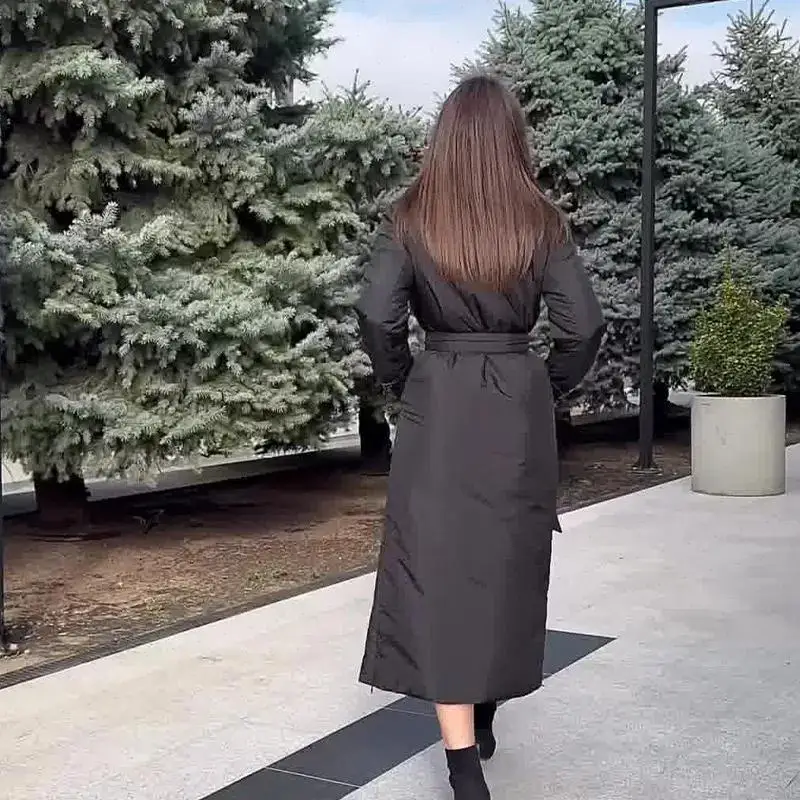Women Thick Parkas Long Coat Turn Down Collar Spliced Pocket s Single Breasted Full Sleeve Warm Autumn Winter