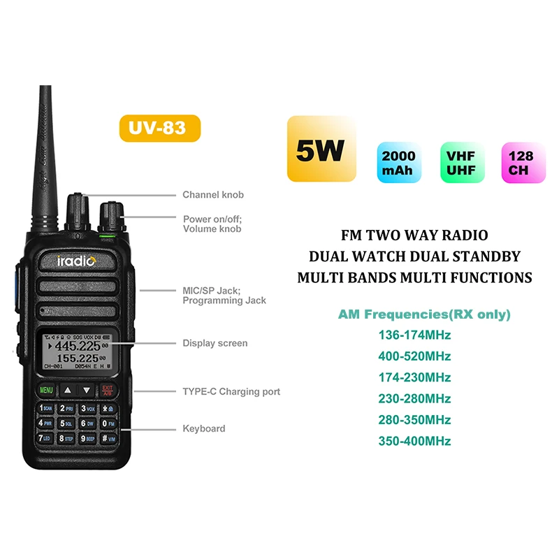 Iradio Fcc UV-83 Ham Multi-Tweerichtingsradio Inclusief Luchtband Rx