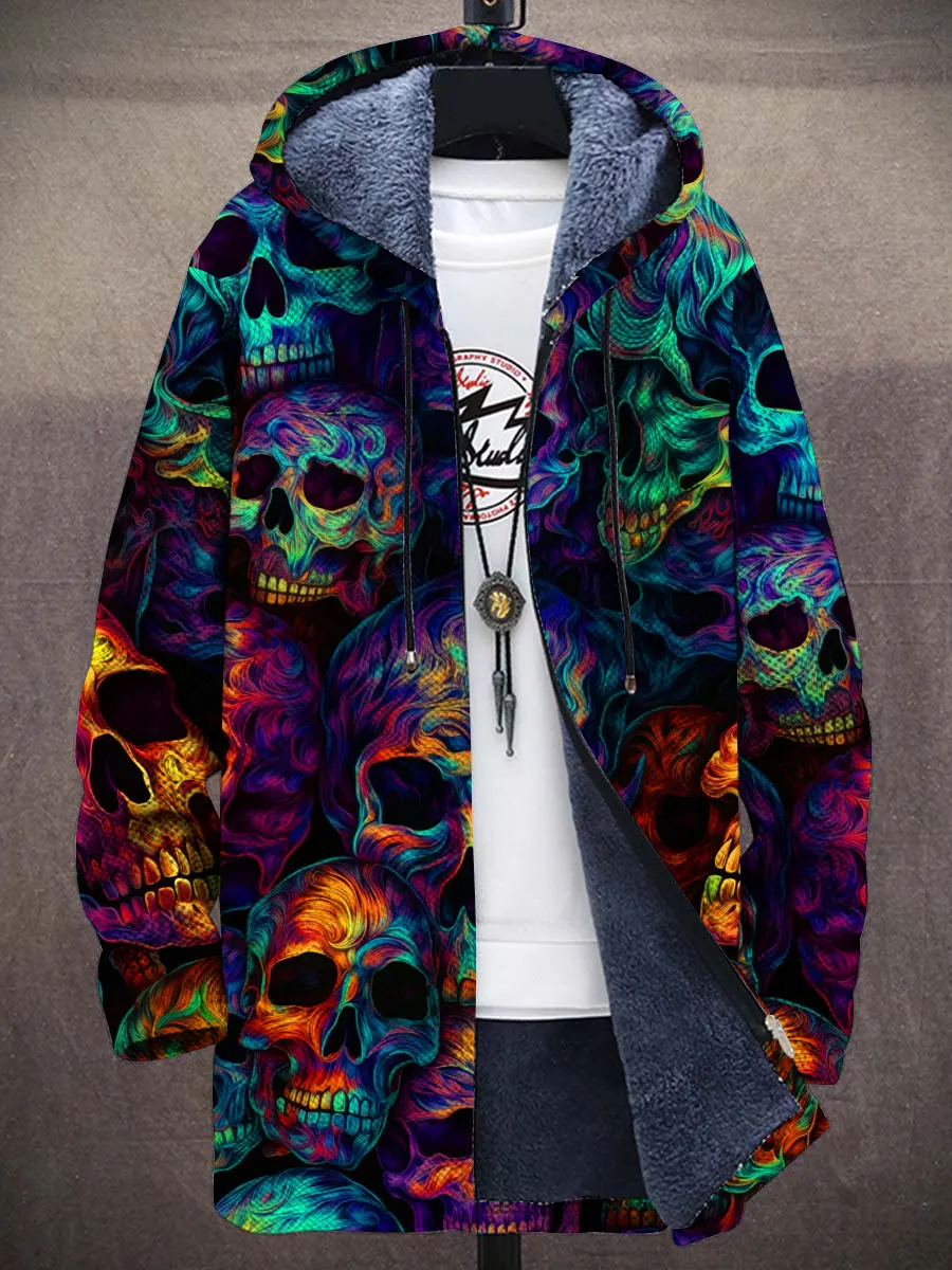 Multicolor Skull Pattern 3D Printed Men's Plush Thick Long-Sleeved Sweater Cardigan Coat Winter Casual Warm Zipper Jacket HRD19