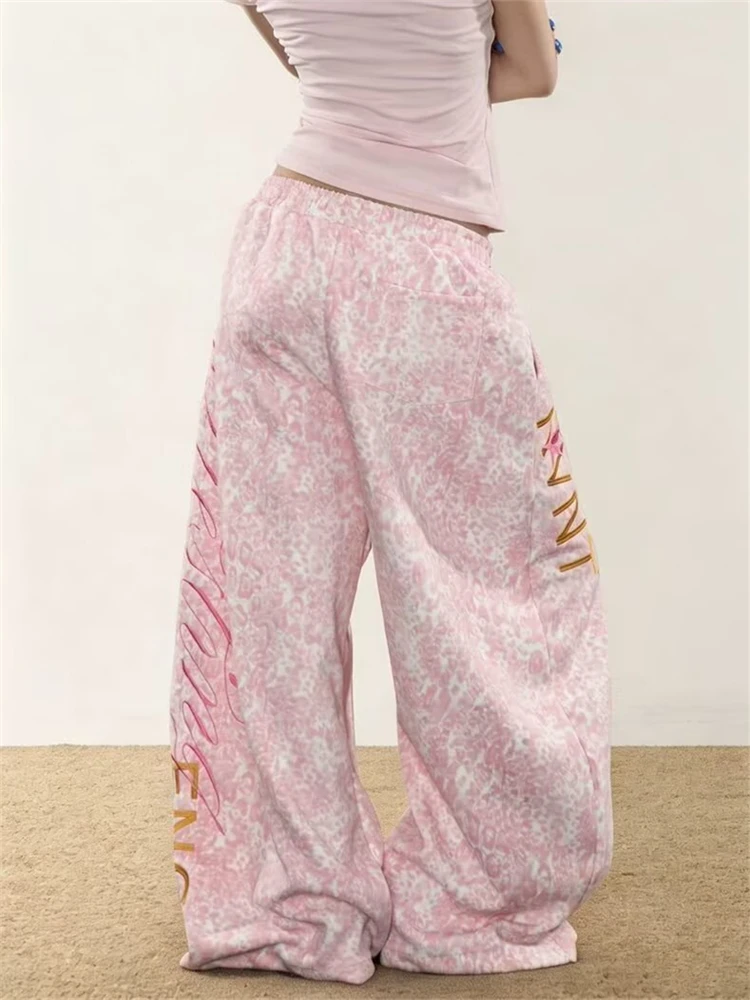 Women's Pink Leopard Print Letter Casual Pants High Waisted Sweatpants Sporty Bottoms Female Wide Leg Trousers Women Clothing