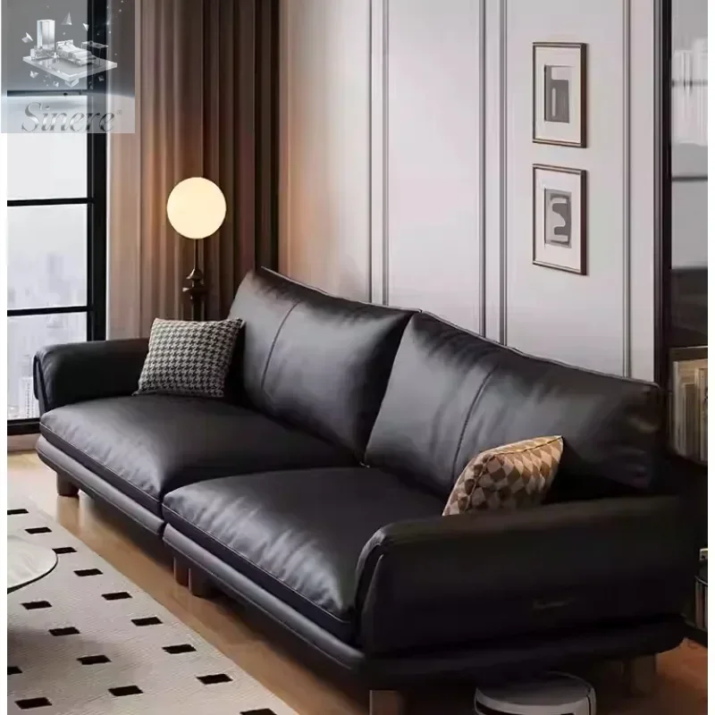 

Black leather sofa living room first layer cowhide Italian minimalist retro style straight row light luxury modern simple sofa