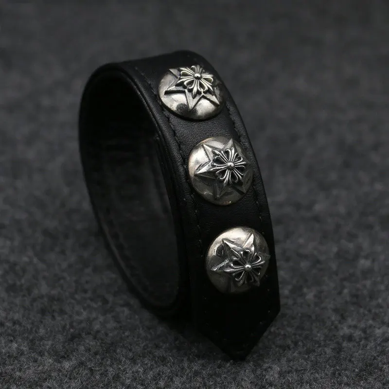 

Men's and women's nightclub punk style pure silver replica cross genuine leather bracelet trendy jewelry Japanese and Korean six