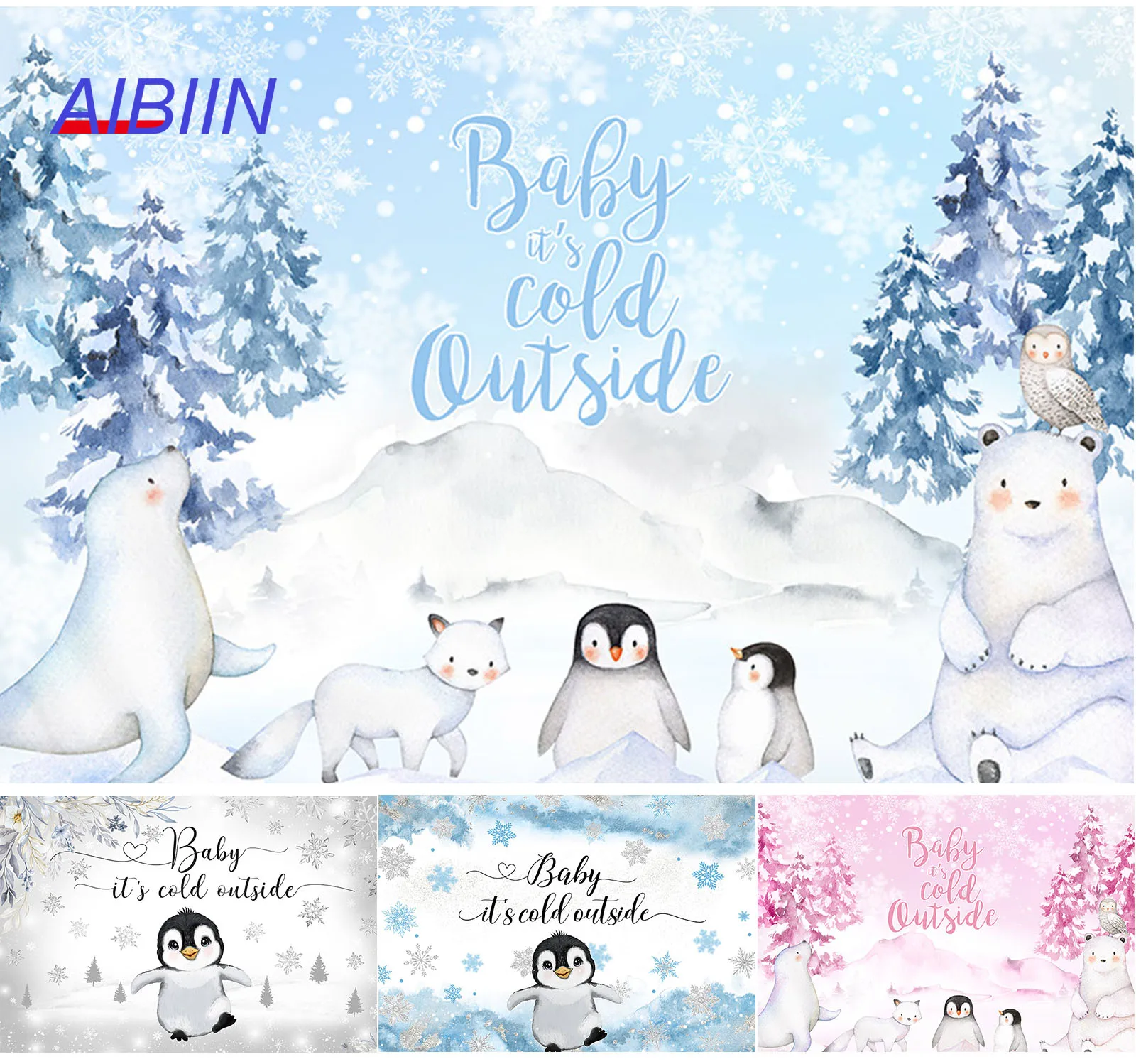 

Winter Baby Shower Backdrop Baby It's Cold Outside Penguin Snow Trees Photography Background Watercolor Blue or Pink Party Decor