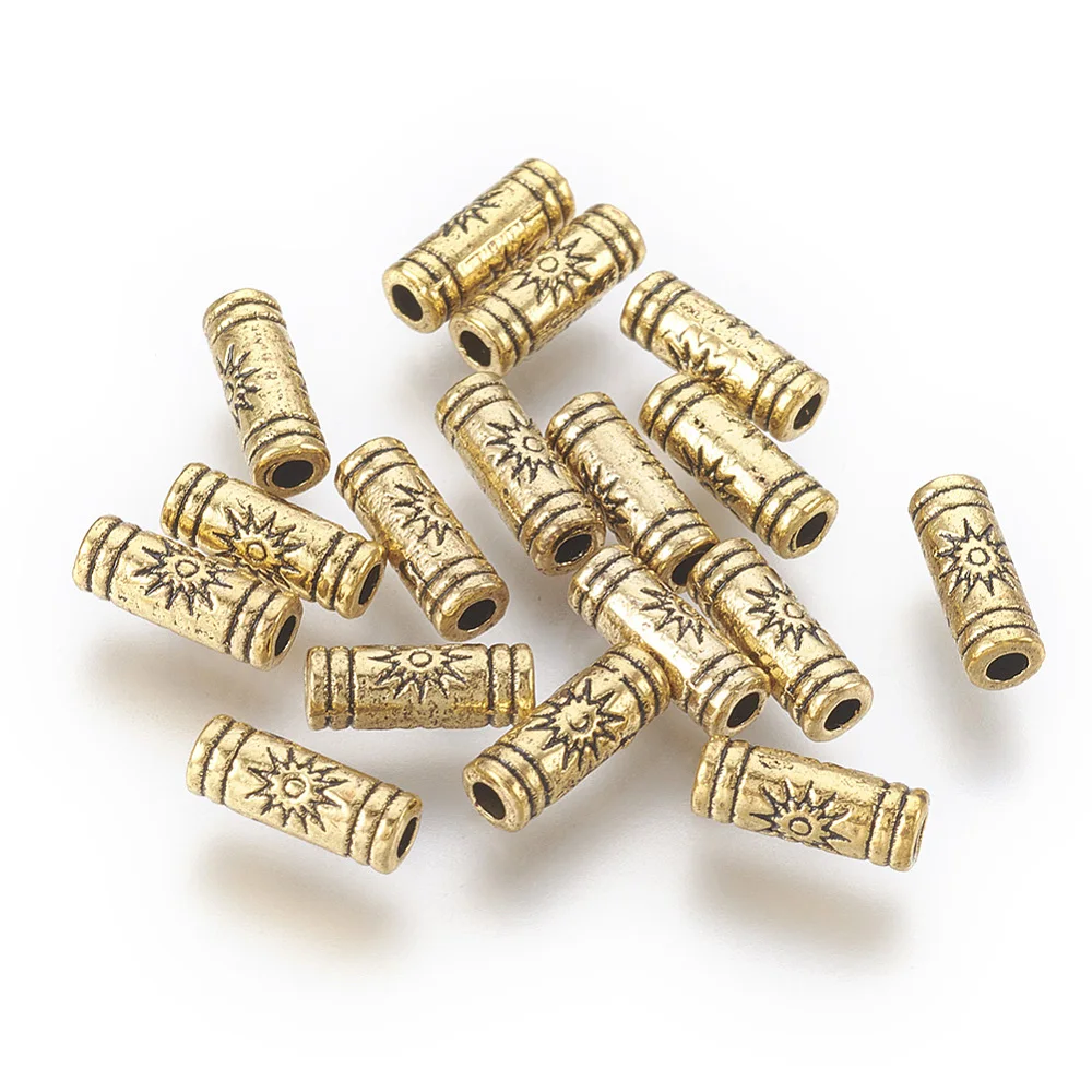 50pcs Golden Tibetan Alloy Tube Spacer Beads Sun Printed Cylinder Loose Beads for DIY Bracelet Necklace Jewelry Making Findings