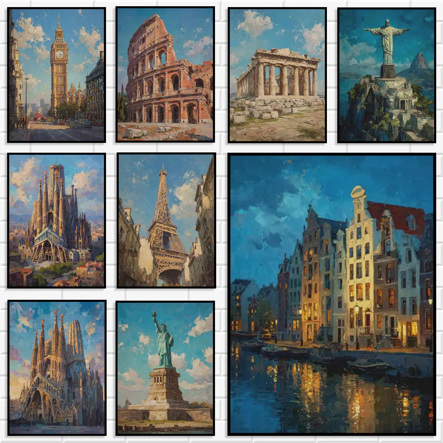 Famous World Landmarks Wall Art Prints Retro Global Architecture Canvas Posters Vintage Oil Painting World Building Home Decor