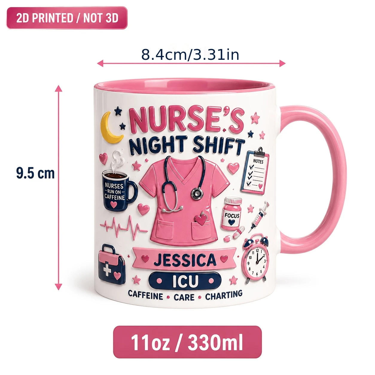 Personalized Nurse Night Shift Ceramic Mug Custom Name Department Uniform Stethoscope Coffee Moon 2D Print Gift