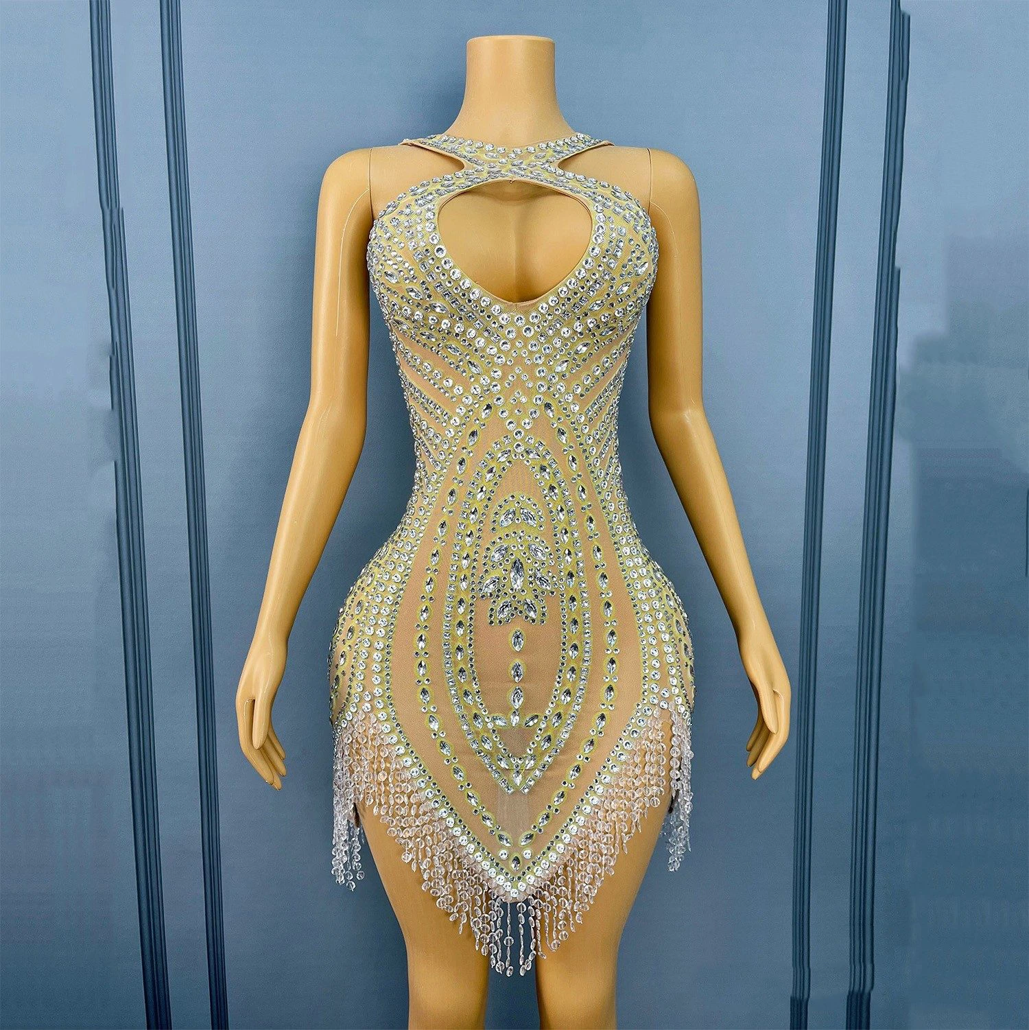 

2025 Sexy Gold Hollow Diamond Tassels Evening Dress Singer Nightclub Bar Performance Stage Costumes Drag Queen Clothes DN21782