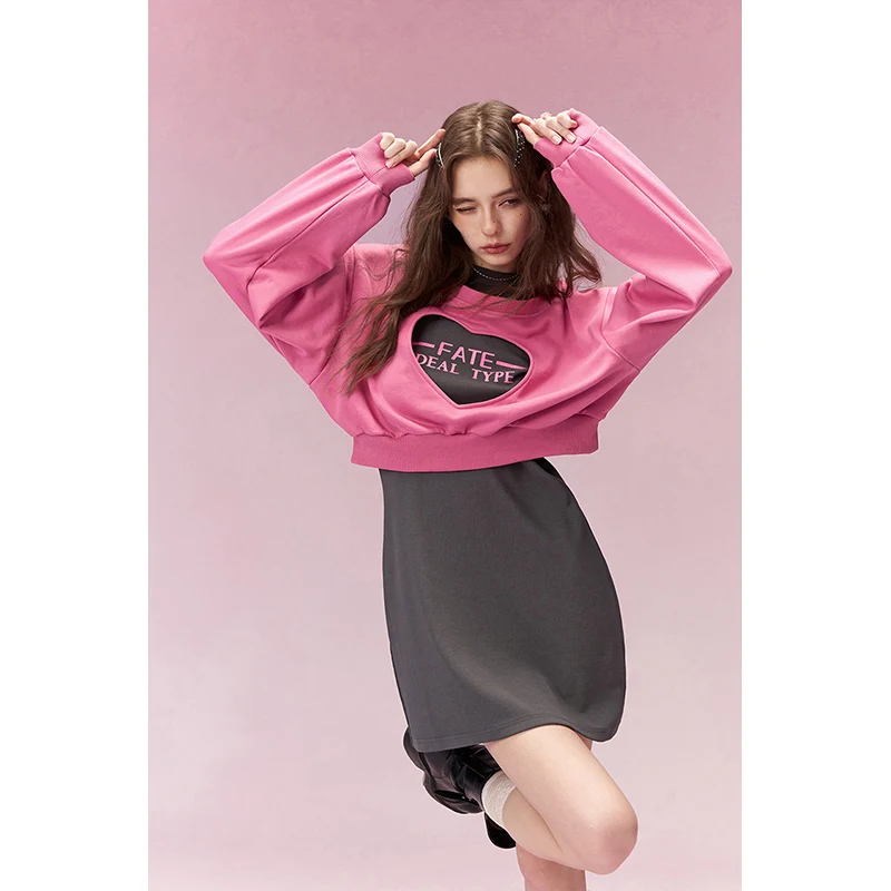 ELFSACK Sweet Heart Cutout Color Blocking Two Piece Hoodie Dress For Women