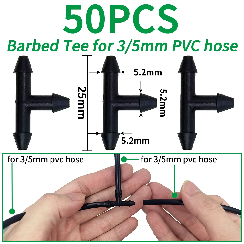 50/100PCS Plastic Barbed 3-Way Tee Connector for 3/5mm Tubing Watering Pipe Hose Couplings Micro Drip Irrigation Garden Tools