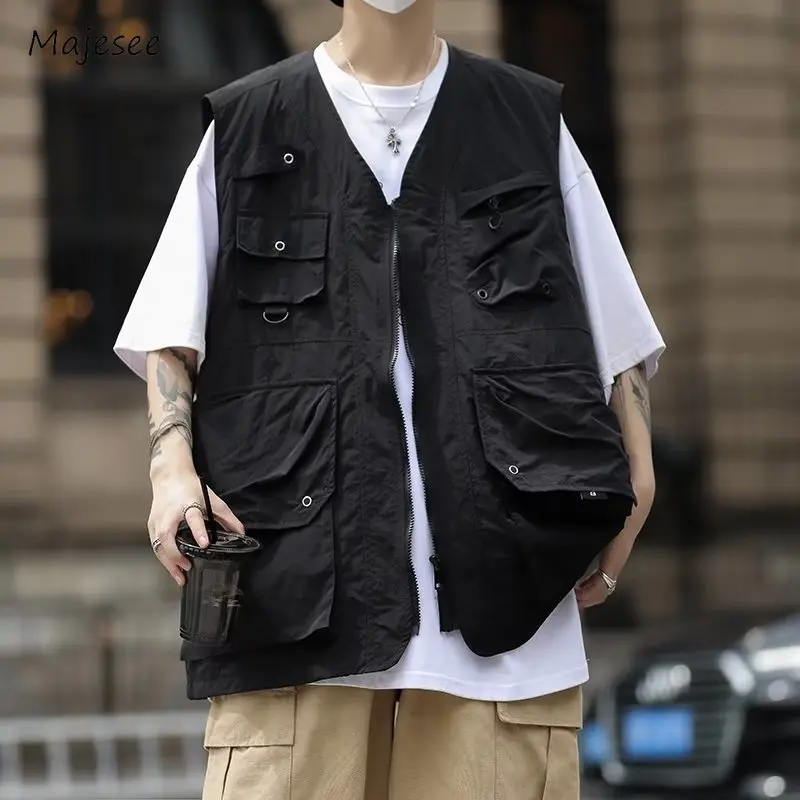 

Mens Vest Casual Daily Multi Pockets High Street Spring All-match Loose Solid Color Retro Japanese Style Male Fashion Teenagers