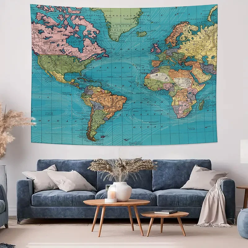 خمر خريطة العالم نسيج الجدار الشنق العتيقة خريطة ديكور السماوية الفن السفر موضوع غرفة نوم الجمالية ديكور المنزل غرفة المعيشة وا #4