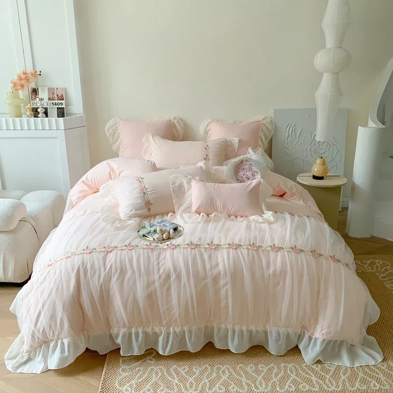 

Pink French Princess Wedding Romantic Pleat Lace Ruffles Bedding Set Soft Cozy Korean Girls Duvet Cover Set Bed Sheet Pillowcase