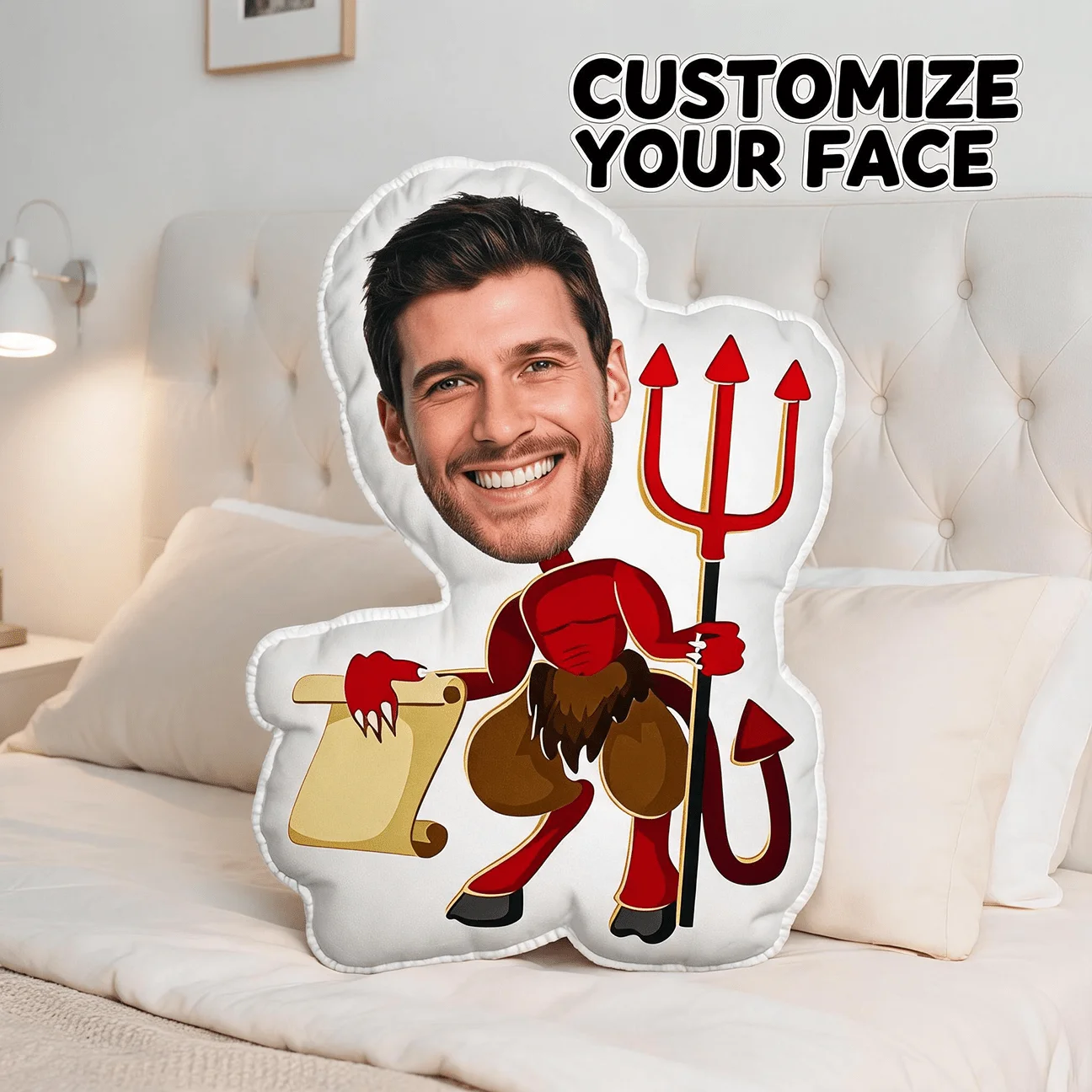 Custom Face Devil Body Shaped Pillow, Personalized Photo Funny Red Costume Decorative Cushion, Unique Home Decor Accent for Sofa