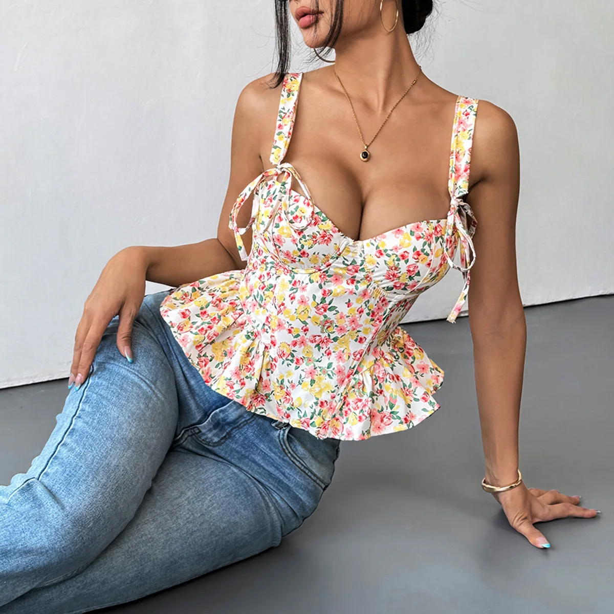 

Sleeveless Tie Up Crop Tops for Women Floral Shapewear Fishbone Corset Bras Chest Slim Camisole Female Sexy Tank Top Summer 2026